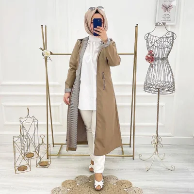 Vibeys Collection Beige Striped and Self-Lined Waterproof Women's Trench Coat