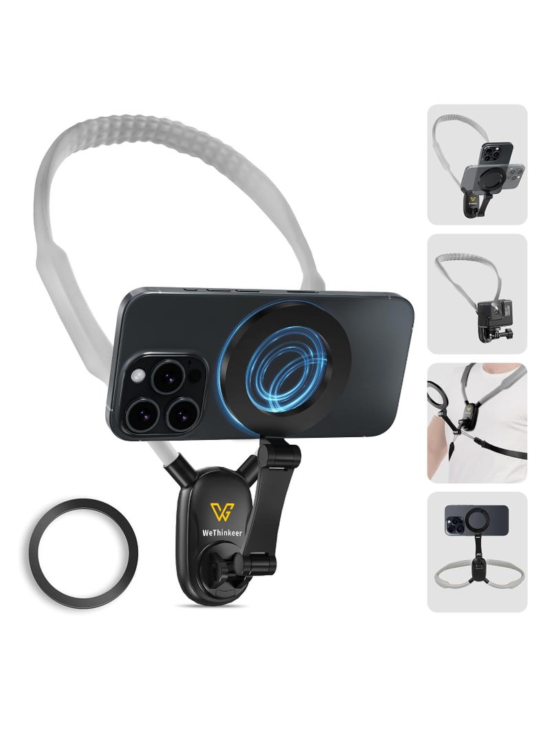 بلو فاير حامل هاتف مغناطيسي للرقبة - قابل للتعديل بثنائي الوضع للآيفون وسامسونج وجوالات أندرويد وكاميرات GoPro/Insta360 - تصميم مريح، يدوي حر، دوار 360 درجة، بقوة مغناطيسية فائقة، خفيف الوزن ومتين لتصوير الفيديو والتدوين المرئي والبث المباشر - Image 1