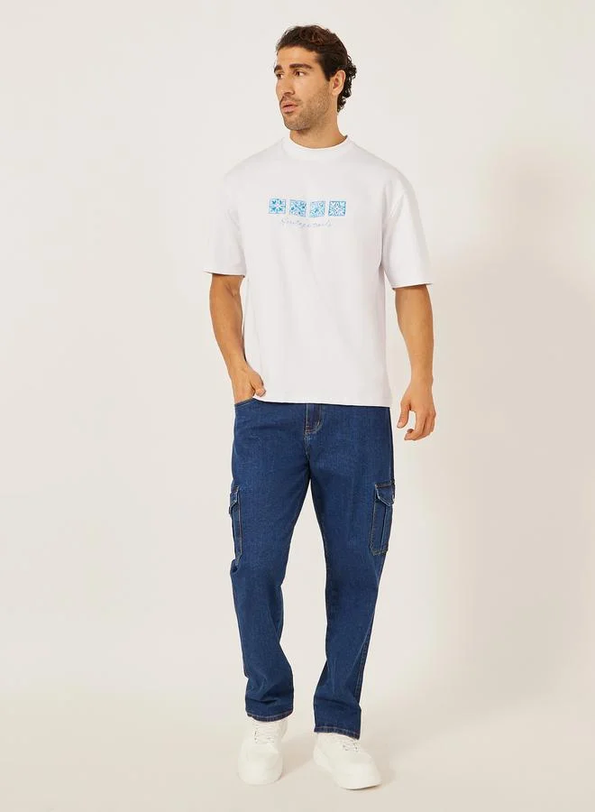 Styli Graphic Print Oversized T-Shirt with Back Applique