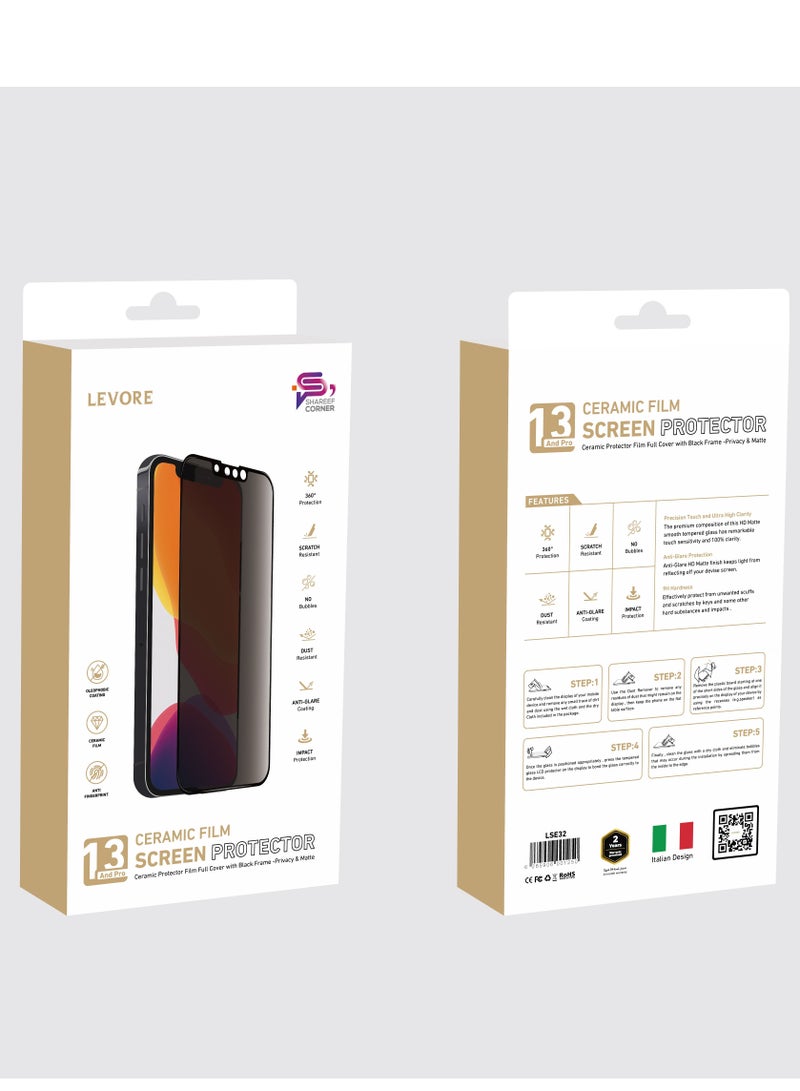 LEVORE غشاء حماية سيراميكي من ليفور للآيفون 13/13 برو، غطاء كامل بإطار أسود، حماية من الخصوصية وغير لامع - Image 2