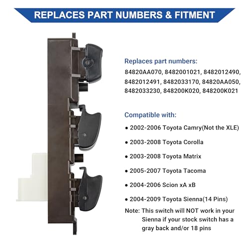 Obaee Master Door Lock Window Switch Control Button Compatible with Toyota Camry 2002-2006, Corolla/Matrix 03-08, Sienna 04-09, Tacoma 05-07, Scion xA/xB 04-06, Replace 84820AA070 901-705, 14 Pins - Image 2