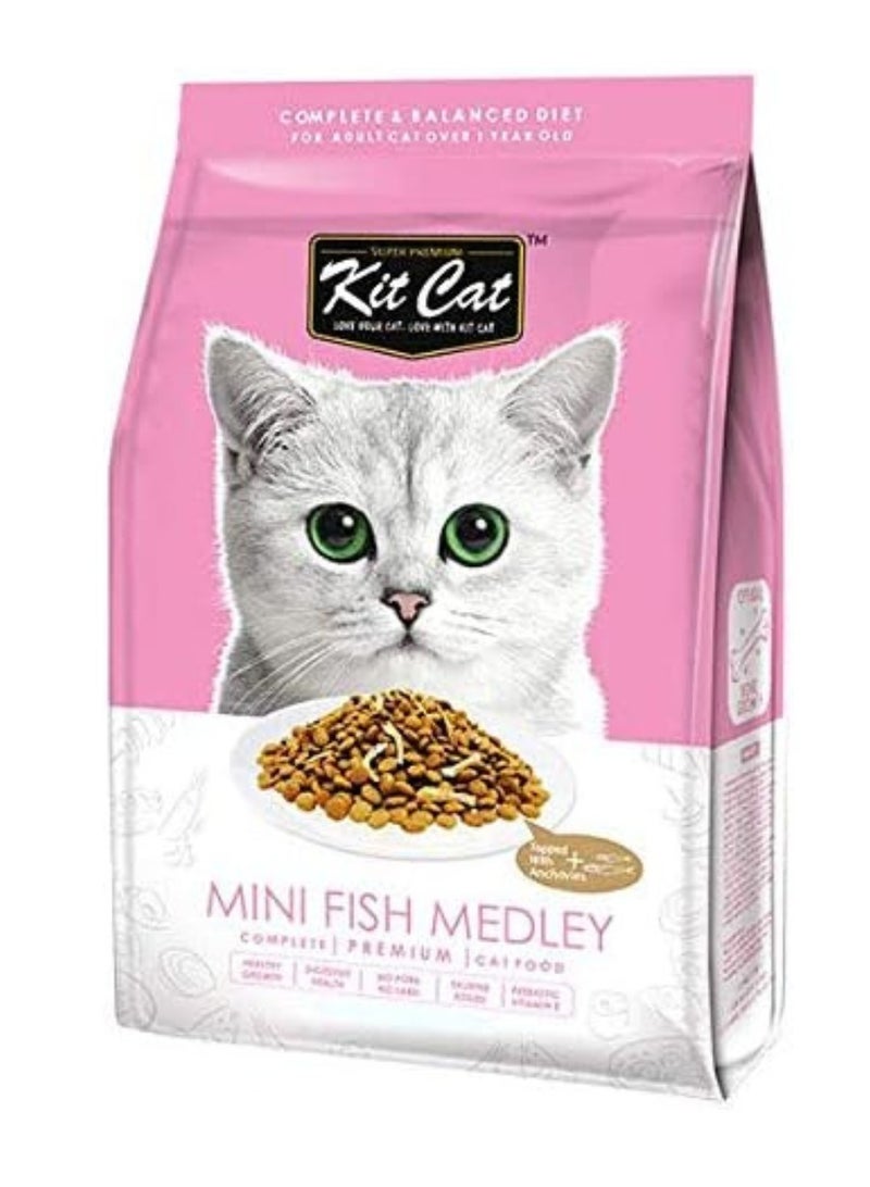 Kit Cat Cat Food Dry For Adult Cats Mini Fish Medley Flavor Flavor - 1.2kg -  Cat Dry Food Complete Nutrition with Taurine - Heart & Digestive Health - High-Quality Dry Food for Adult Cats - Image 1
