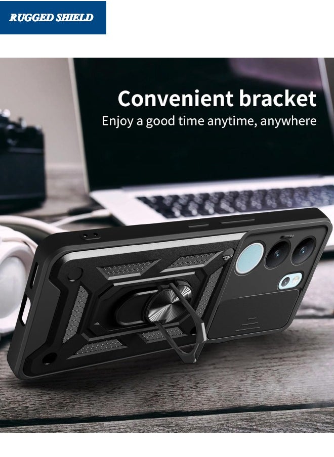 RUGGED SHIELD VIVO V29 5G Case, VIVO V29 Case with Slide Camera Cover, Military Grade Heavy Duty Shockproof Phone Case Cover with Ring Kickstand for VIVO V29 5G, Black  - Image 4