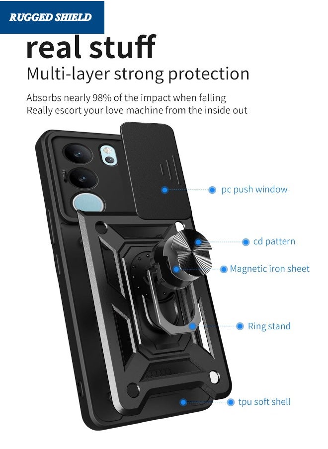 RUGGED SHIELD VIVO V29 5G Case, VIVO V29 Case with Slide Camera Cover, Military Grade Heavy Duty Shockproof Phone Case Cover with Ring Kickstand for VIVO V29 5G, Black  - Image 2