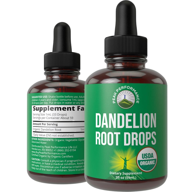 Peak Performance Dandelion Root Extract USDA Organic Vegan Herbal Liquid Tincture Dandelions Supplement For Women and Men Leaf Tonic For Immune Liver Gut Health Zero Sugar Gluten Free Supplements Not Capsules