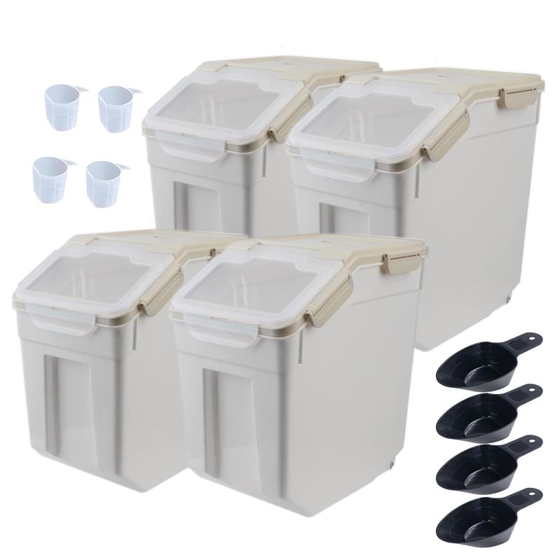 Begino Large Flour Storage Container Bin 25lb, 4Pack Airtight Rice Storage Containers with Wheels Seal Locking Lid, BPA Free with Measuring Cup&Scoop for Flour, Rice, Grain(Gray) - Image 1