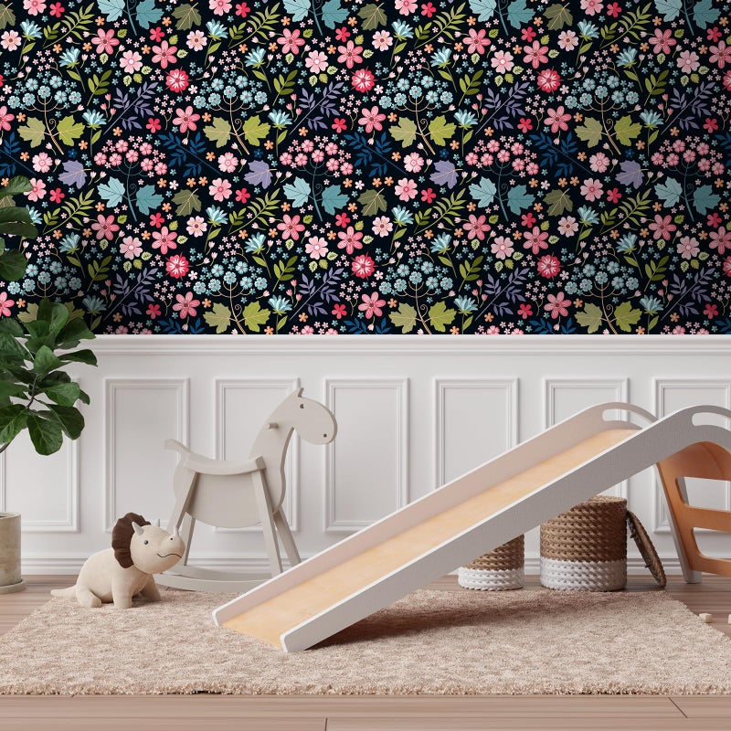 VaryStyle Colorful Floral Wallpaper Dark Black Floral Peel and Stick Wallpaper for Bathroom Nursery 177x118 Removable Self Adhesive Cute Flower Patterned Colorful Contact Paper for Cabinets Walls