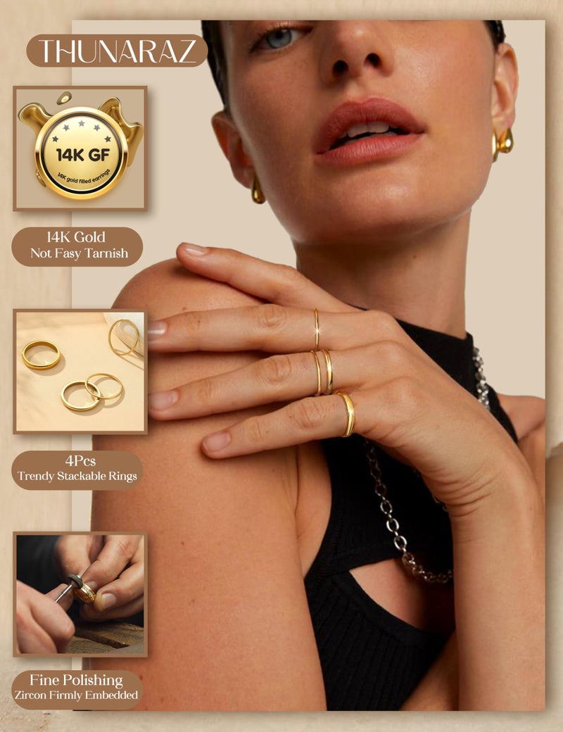 THUNARAZ 14K Gold Filled Rings Stacking Rings for Women Stackable Thin Gold Ring Plain Pinky Thumb Midi Statement Band Ring Comfort Fit 4Pcs 1mm 2mm 3mm 5mm - Image 5