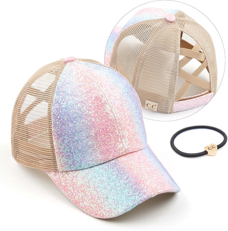 Cc Ponycap Messy High Bun Ponytail Adjustable Glitter Mesh Trucker Baseball Cap - Image 1