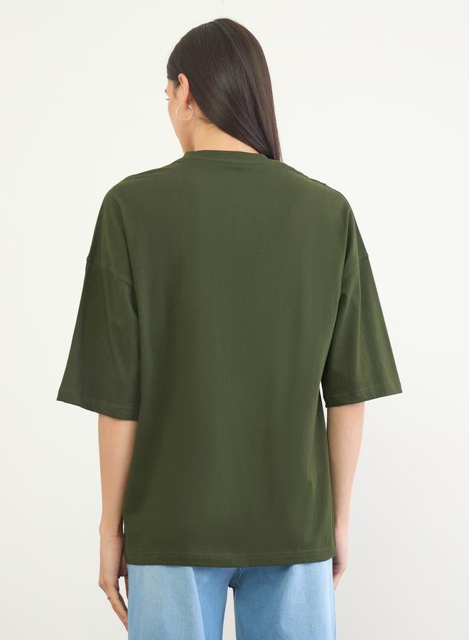 Styli Green 100% Cotton Slogan Embroidered Oversized T-Shirt - Image 4