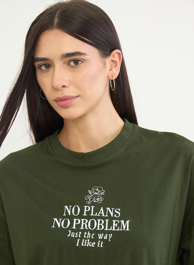 Styli Green 100% Cotton Slogan Embroidered Oversized T-Shirt - Image 3