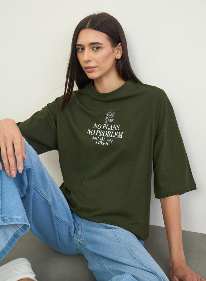 Styli Green 100% Cotton Slogan Embroidered Oversized T-Shirt - Image 1