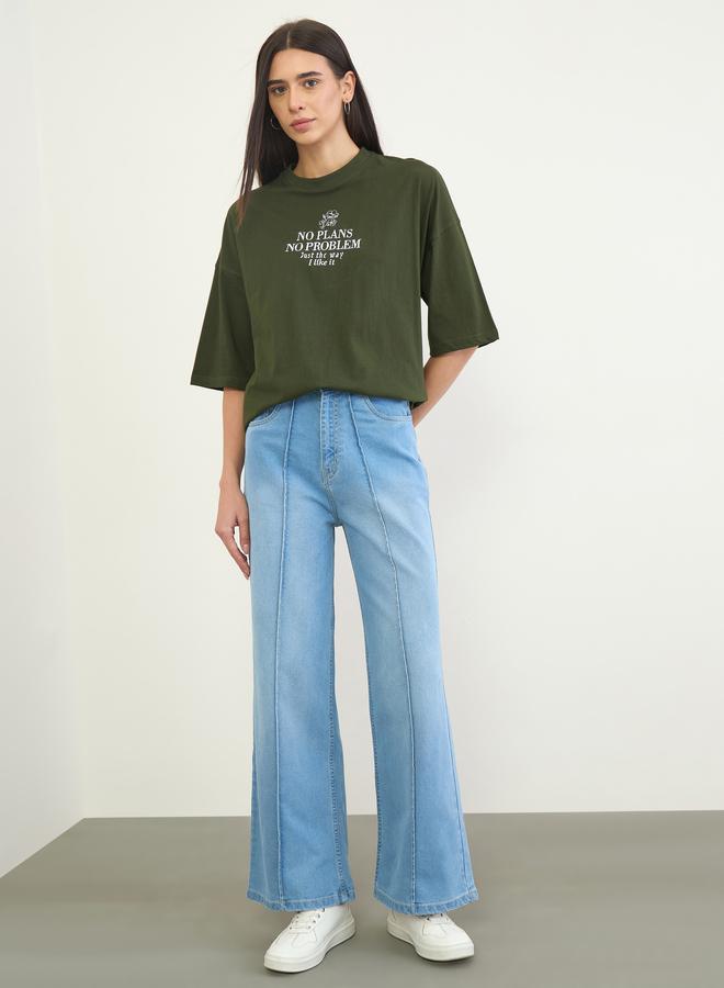 Styli Green 100% Cotton Slogan Embroidered Oversized T-Shirt - Image 5