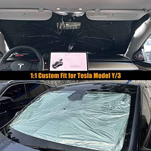 ROCCS Windshield Sun Shade for Car Window Shades Compatible with Tesla Model 3/Y Foldable Umbrella Reflective Sunshade for Car Front Window Blocks UV Rays & Heat Keep Car Cool - Image 5