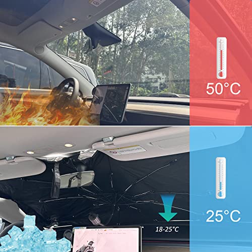 ROCCS Windshield Sun Shade for Car Window Shades Compatible with Tesla Model 3/Y Foldable Umbrella Reflective Sunshade for Car Front Window Blocks UV Rays & Heat Keep Car Cool - Image 3