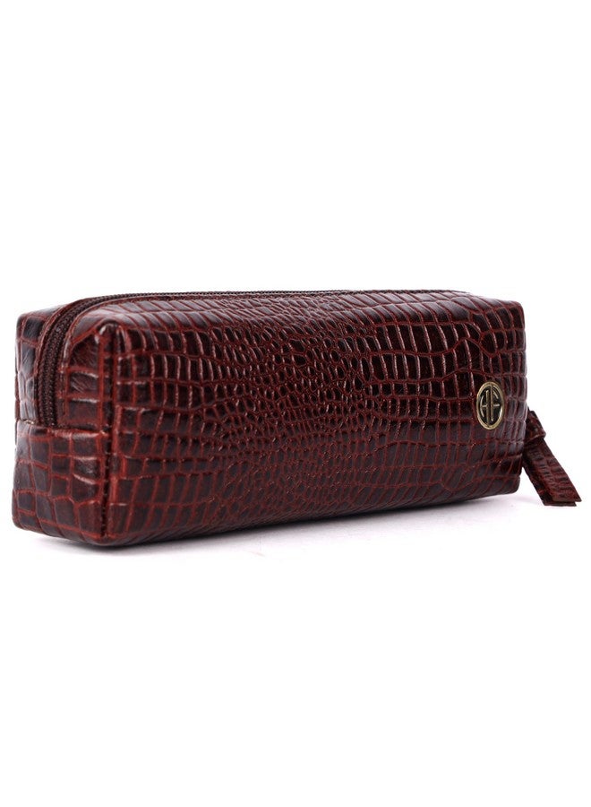 HAMMONDS FLYCATCHER Leather Utility Pouch - Multi-Use Genuine Leather Pencil Case, Cosmetic Pouch, Stationery Pouch, Coin, Makeup Brush Pouch for Women & Men - School & Office Organizer - Croc Brown - Image 1