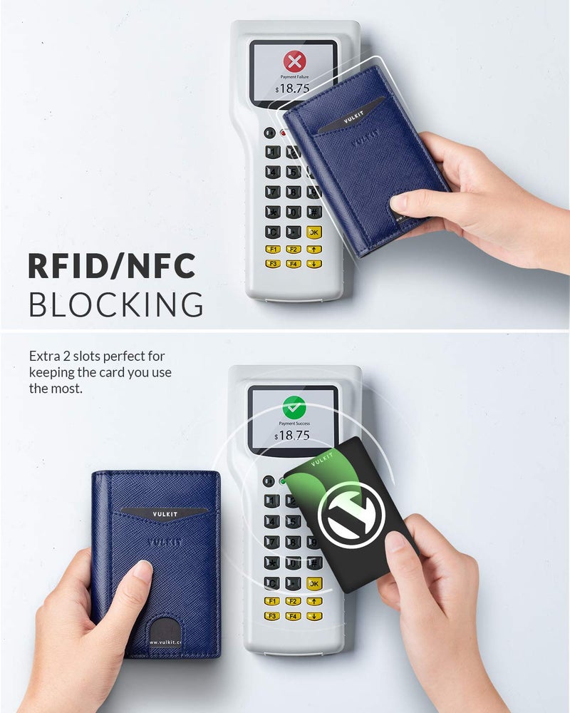 VULKIT محفظة فالكيت ثنائية الطي بجيب أمامي نحيف مع تقنية حجب RFID جلد رقيق لحامل بطاقات الائتمان للرجال والنساء - أزرق داكن - Image 4