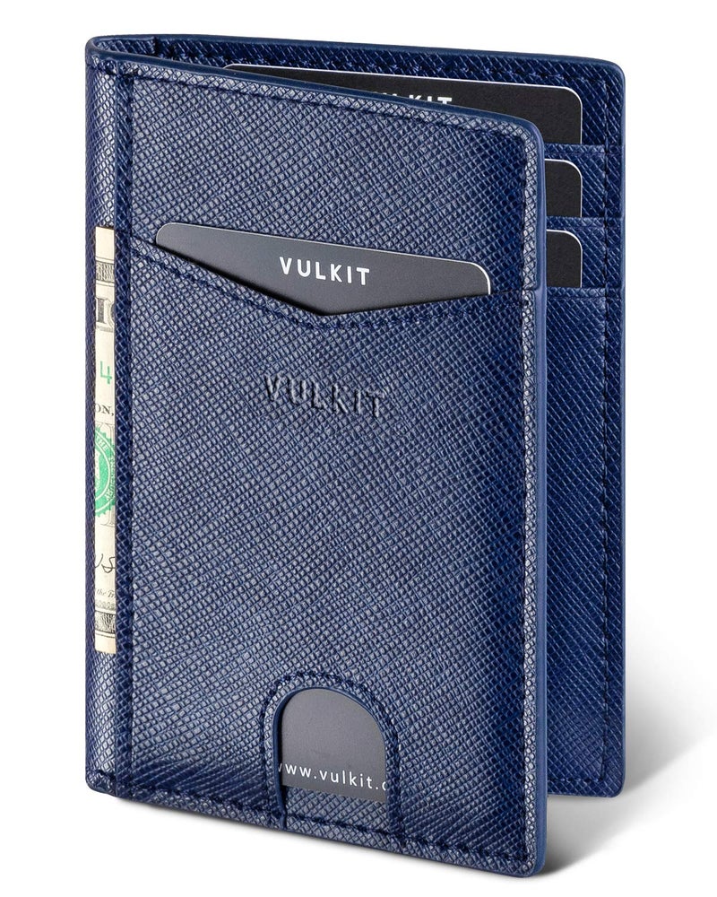 VULKIT محفظة فالكيت ثنائية الطي بجيب أمامي نحيف مع تقنية حجب RFID جلد رقيق لحامل بطاقات الائتمان للرجال والنساء - أزرق داكن - Image 1