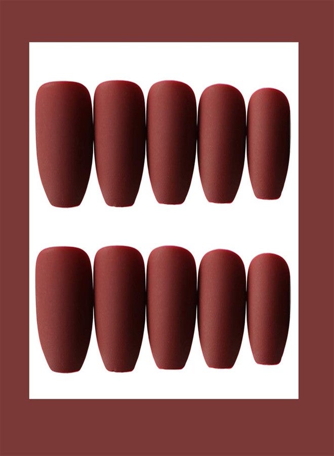 Aimimier 24Pcs Ballerina Matte False Nail Medium Pure Color Full Cover Square Coffin Nails with Glue Sticker Boho Clip on Nails Art Tips Set for Women and Girls (Burgundy) - Image 3