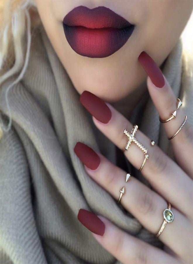 Aimimier 24Pcs Ballerina Matte False Nail Medium Pure Color Full Cover Square Coffin Nails with Glue Sticker Boho Clip on Nails Art Tips Set for Women and Girls (Burgundy) - Image 1