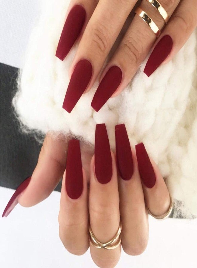 Aimimier 24Pcs Ballerina Matte False Nail Medium Pure Color Full Cover Square Coffin Nails with Glue Sticker Boho Clip on Nails Art Tips Set for Women and Girls (Burgundy) - Image 2