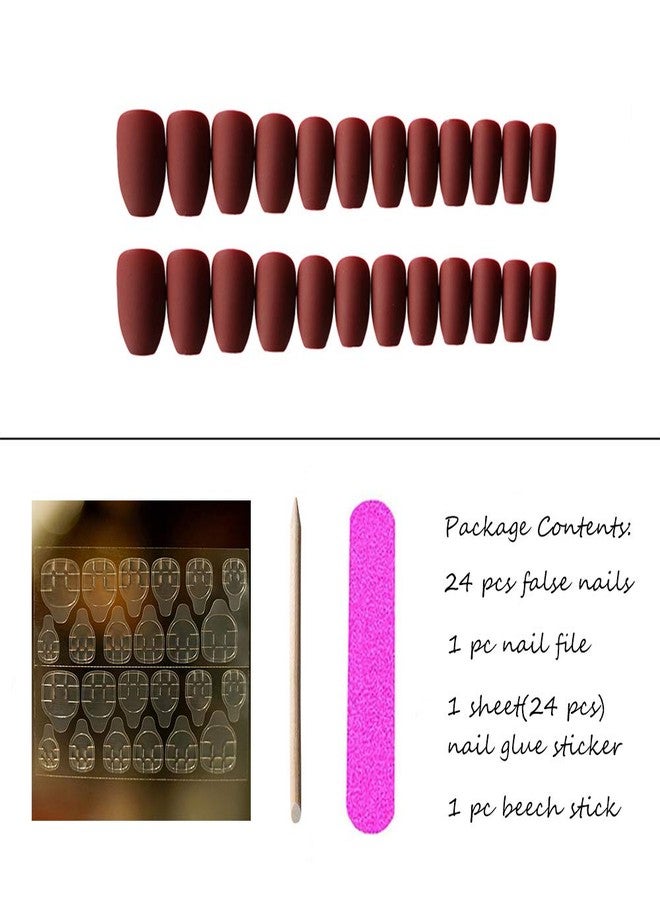 Aimimier 24Pcs Ballerina Matte False Nail Medium Pure Color Full Cover Square Coffin Nails with Glue Sticker Boho Clip on Nails Art Tips Set for Women and Girls (Burgundy) - Image 5