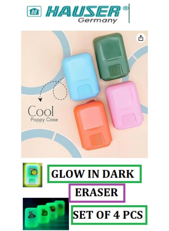 Hauser Germany Hauser Pod Erasers – Glow in Dark - Pack Of 4 Soft & Non-Dust Erasers | Smooth Clean Erasing For School, College & Office | Ideal For Pencils | Student Stationery Essentials, Multi-Color - Image 1