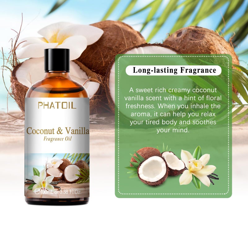 PHATOIL 3.38FL.OZ Coconut & Vanilla Fragrance Oils for Aromatherapy, Essential Oils for Diffusers for Home, Perfect for Diffuser, Yoga, DIY Candle and Soap Making - 100ml - Image 5