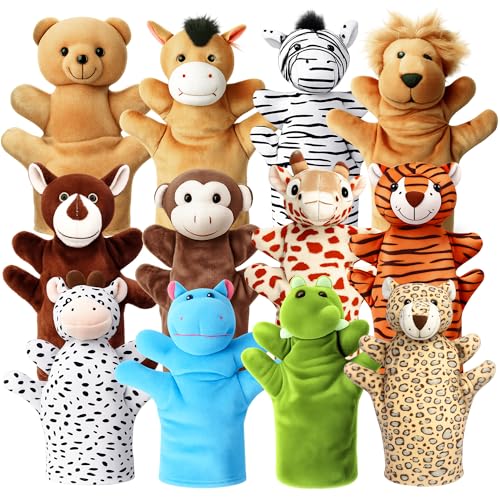 ViLSOM Hand Puppets for Kids12 Pcs Animals Plush Puppets Set for Toddlers Small Stuffed Animals Bulk Pretend Play Plush Toys with Tiger Lion Bear for Show Theater Easter Birthday Gifts for Girls Boys - Image 1