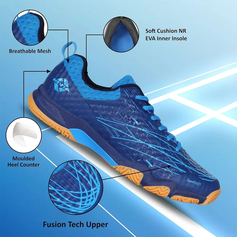Nivia  Powerstrike 3.0 Badminton Shoes for Men - Breathable Mesh Court Footwear in Black/Blue/Peach for Men | Best Price UAE