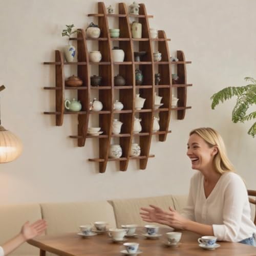 MXOYOXM Wooden Coffee Mug Display Shelf,27.6" x 27.6"Coffee Cup Holder Wall Mounted,Multi-Slot Mug Shelf for Wall,Exquisite Tea Cup Holder Wall Mug Rack Suitable for Living Room,Kitchen - Image 5