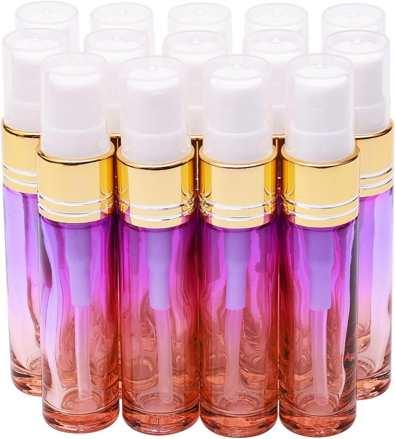 14Pcs 10ml (1/3 oz) Purple Orange Gradient Color Spray Bottles Glass Vials Tube Perfume Atomizer Refillable Makeup Travel Fine Mist Sprayer Bottle Containers for Cosmetic Skincare, Gold Cap