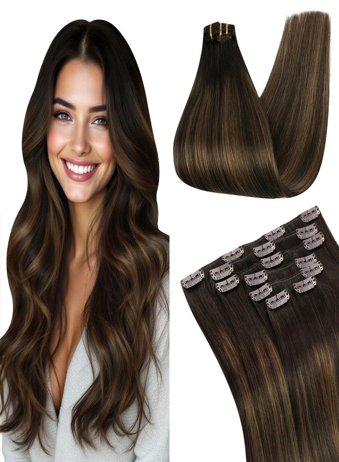 Ugeat Balayage Clip in Hair Extensions, Real Human Hair Extensions Clip ins 24 Inch 7pcs 120g, Long Straight Hair, Dark Brown Balayage Medium Brown - Image 1
