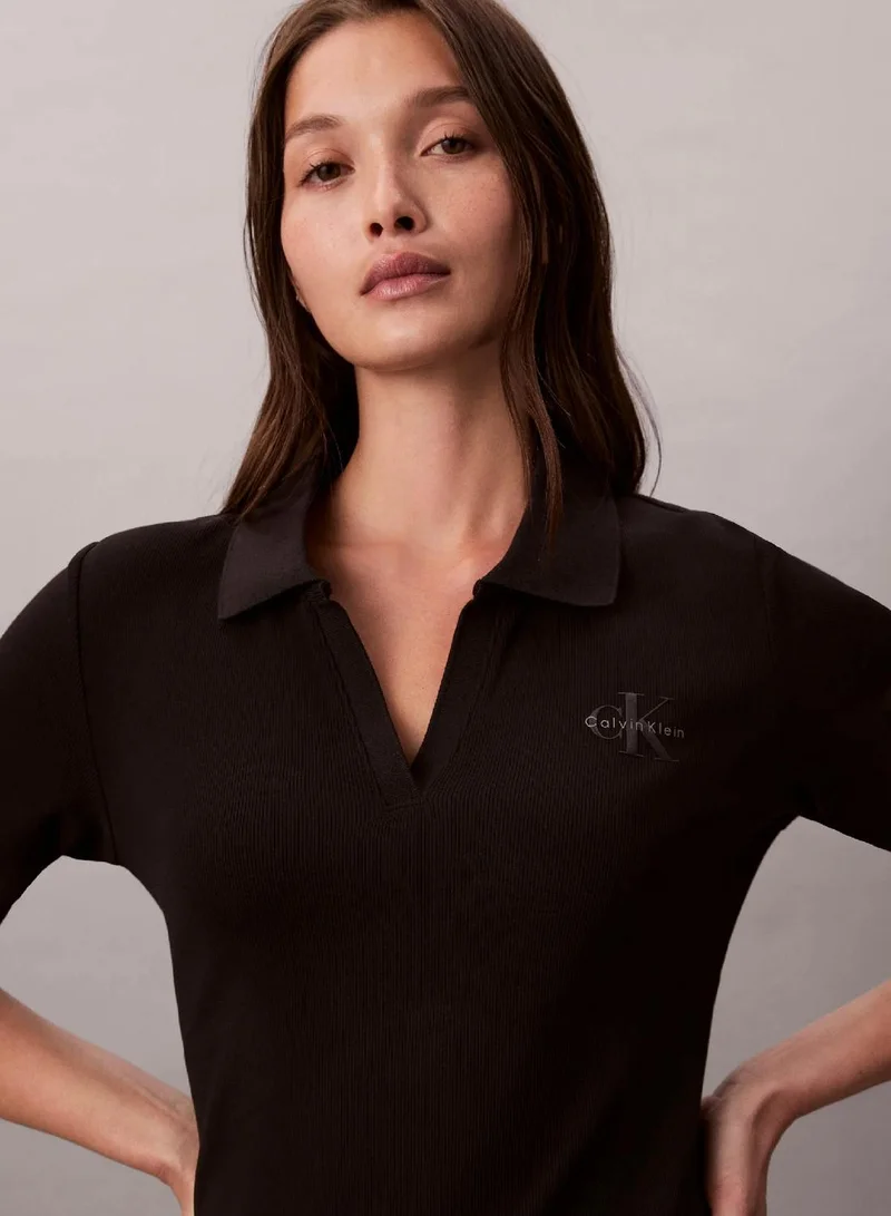 Calvin Klein Jeans black Slim Ribbed Cotton Polo Dress for Women | Best Price UAE