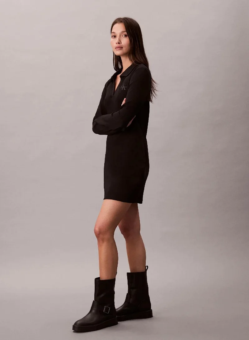Calvin Klein Jeans black Slim Ribbed Cotton Polo Dress for Women | Best Price UAE