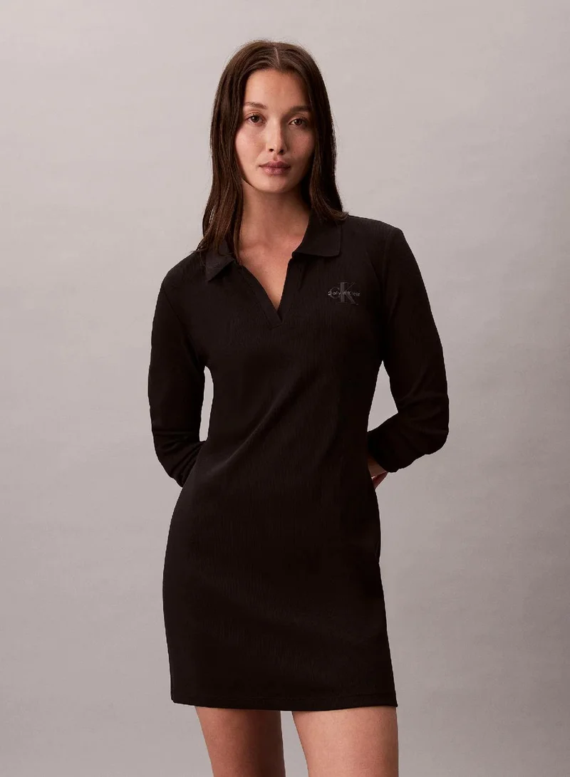 Calvin Klein Jeans black Slim Ribbed Cotton Polo Dress for Women | Best Price UAE