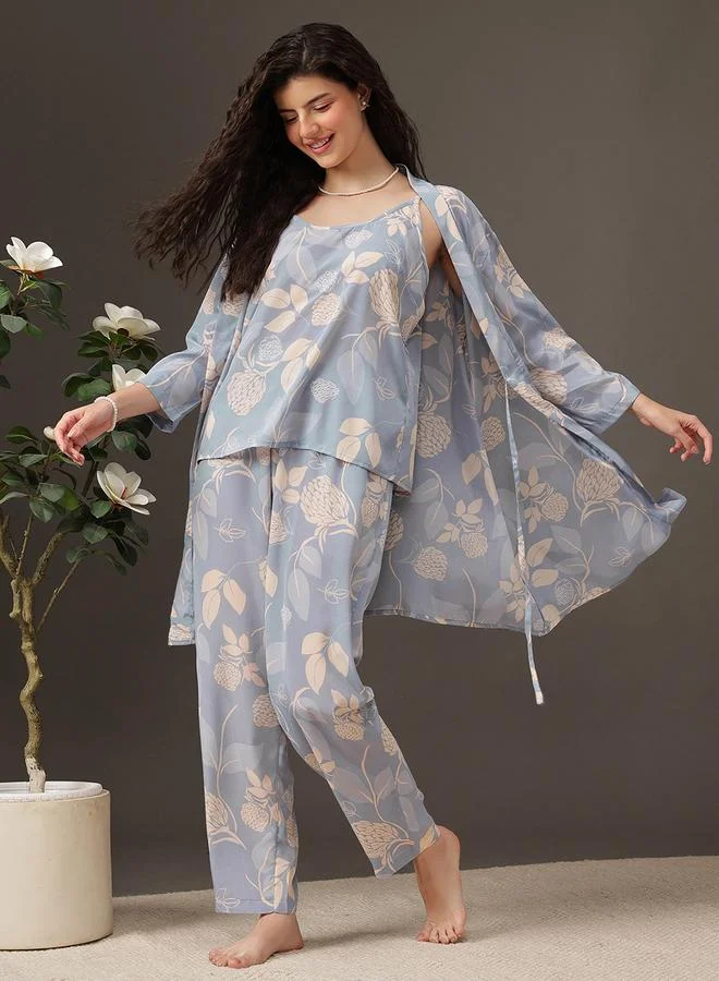Clovia Pack of 3 - Floral Satin Cami, Robe and Pyjama