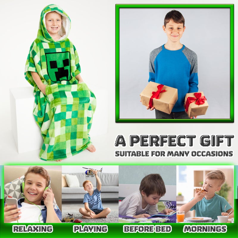 ماين كرافت Minecraft Fleece Hoodie بطانية للأطفال والمراهقين مقاس واحد من الأطفال الصوفان مع هدايا غطاء محرك شيربا للاعبين (أخضر) - Image 3