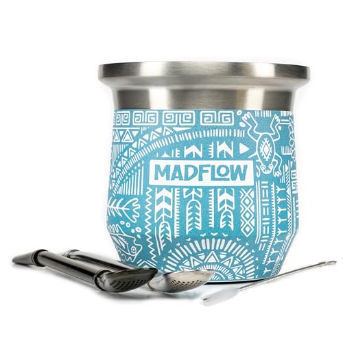 MADFLOW Yerba Mate Cup Stainless Steel Mate Cup with 2 Bombillas Double Wall Vacuum Insulated Yerba Mate Gourd Unique Mate Cup And Bombilla Set