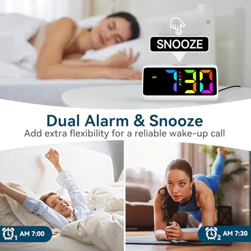 Netzu Loud Alarm Clock for Heavy Sleepers, RGB Alarm Clocks for Bedrooms Seniors Kids, Plug in Digital Clock with 5 Dimmers, 2 Alarms, 4 Volumes and Snooze (White) - Image 4