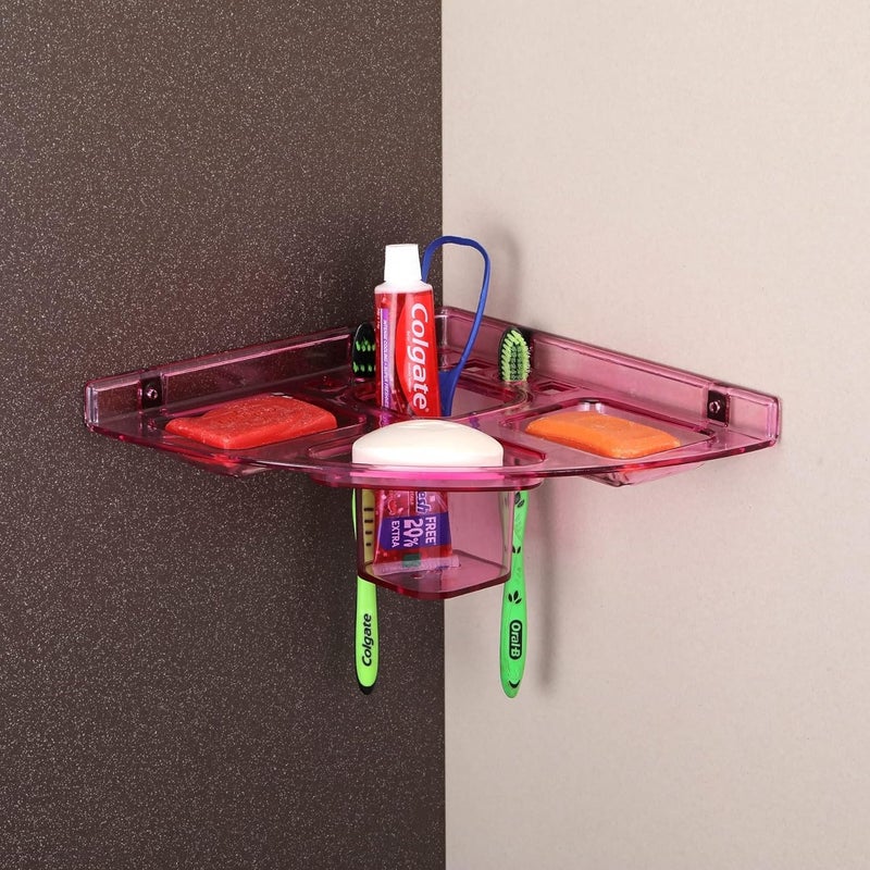 iSTAR Pink Acrylic 5 in 1 Corner 10 x 10 inch Soap case/Transparent Heavy Plastic Unbreakable Corner, Plastic Wall Shelf Acrylic Wall Shelf (Number of Shelves - 1, Pink) - Image 1