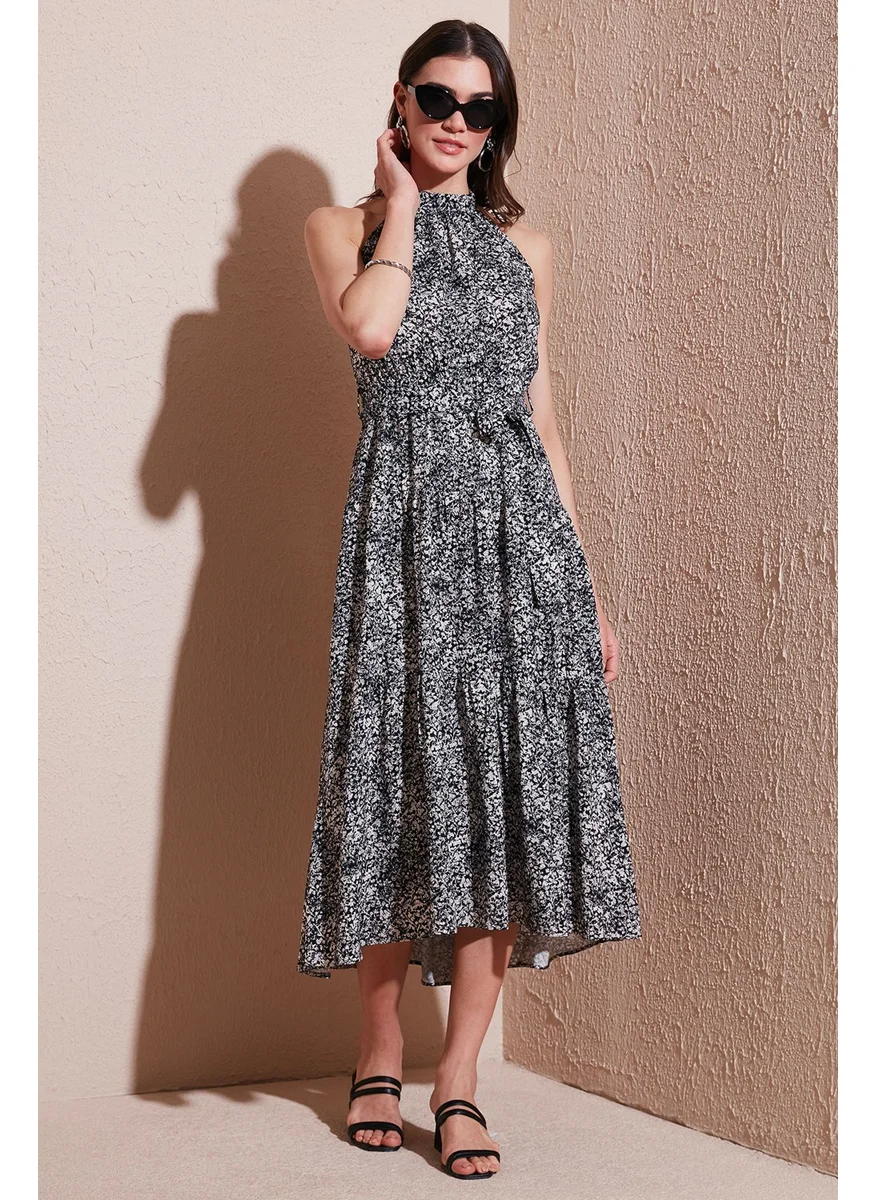 Lela Patterned Regular Fit Halter Neck Belted Midi Length Dress Women's Dress 6772030