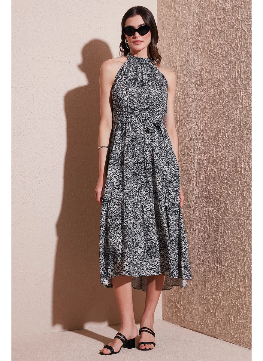 Lela Patterned Regular Fit Halter Neck Belted Midi Length Dress Women's Dress 6772030