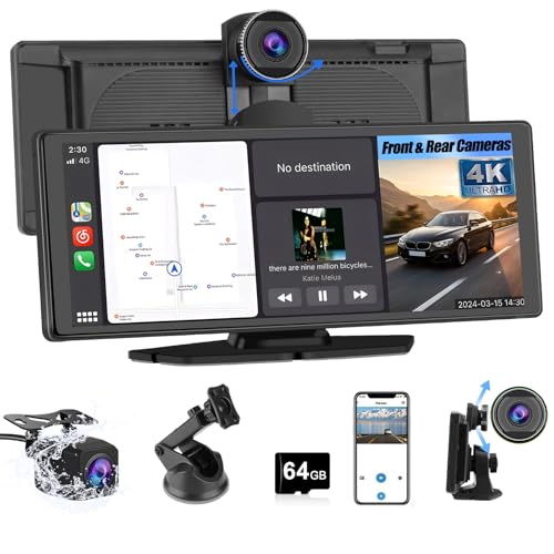 Pyniro Portable Wireless CarPlay Screen for Car with 4K Dash Cam+1080P Backup Camera, 10.26”IPS Touchscreen Car Stereo, Supports CarPlay/Android Auto/Voice Control/GPS Navigation/Bluetooth/Mirror Link - Image 1