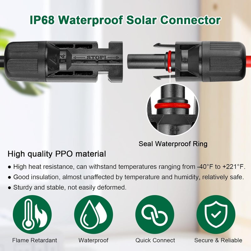 YDDECW Solar Panel Extension Cable - 10AWG 20FT Solar Wire Cord 10 Gauge PV Wire with Female & Male Waterproof Connector for RV, Photovoltaic Systems, Home, Boat, Solar Panels, Car(20ft Red + 20ft Black) - Image 3