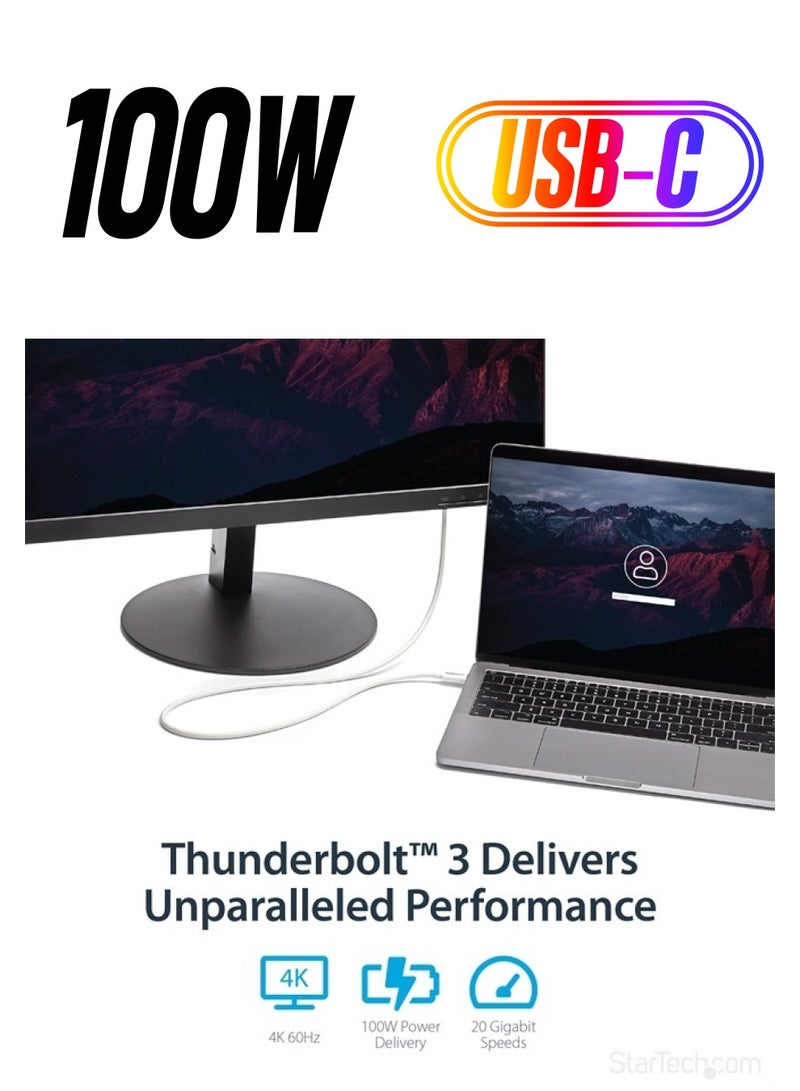 Startech.com 20Gbps Thunderbolt 3 Cable - 6.6ft/2m - White - 4k 60Hz - Certified TB3 USB-C to USB-C Charger Cord w/ 100W Power Delivery (TBLT3MM2MW) - Image 1