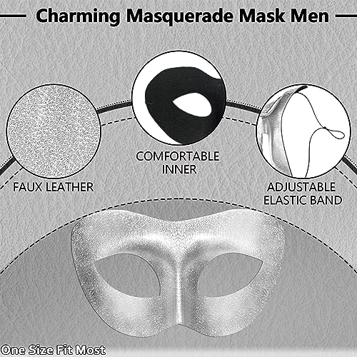 IncreDecor Masquerade Mask for Men Mardi Gras Mask Halloween Venetian Cosplay Party Wear Mens Silver Faux Leather Design (Fashionable Man) - Image 3
