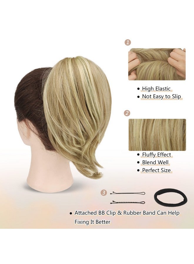 BARSDAR Straight Hair Bun Extensions, Short Ponytail Blonde Hair Bun Extensions For Women, Synthetic Messy Bun Hairpieces Elastic Easy Hair Bun Scrunchies Girls- Sandy Blonde & Creamy Highlights - Image 2