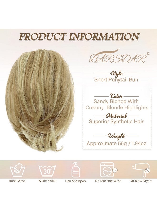 BARSDAR Straight Hair Bun Extensions, Short Ponytail Blonde Hair Bun Extensions For Women, Synthetic Messy Bun Hairpieces Elastic Easy Hair Bun Scrunchies Girls- Sandy Blonde & Creamy Highlights - Image 3