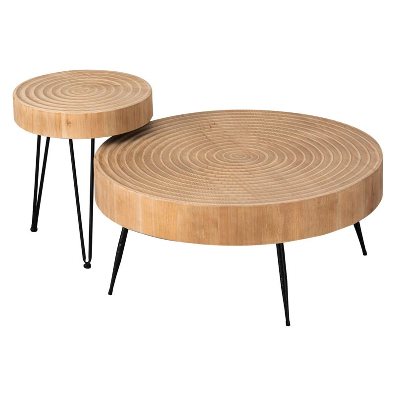 COZAYH 2Piece Modern Farmhouse Living Room Coffee Table Set Nesting Table Round Natural Finish with Handcrafted Wood Ring Pattern